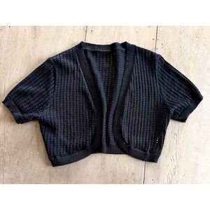 Black Cropped Short Sleeve Pointelle Knit Cardigan Open Front Gothcore Shrug